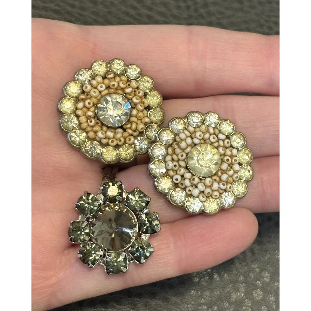 Vintage Lot Of 3 Crystal Rhinestone Buttons Some With Seed Bead Accents